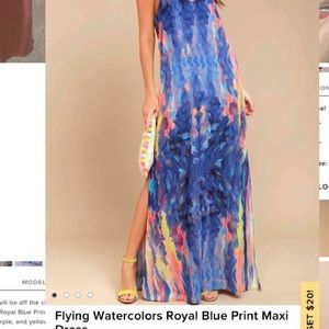 Flying Watercolors Royal Blue Print Maxi Dress